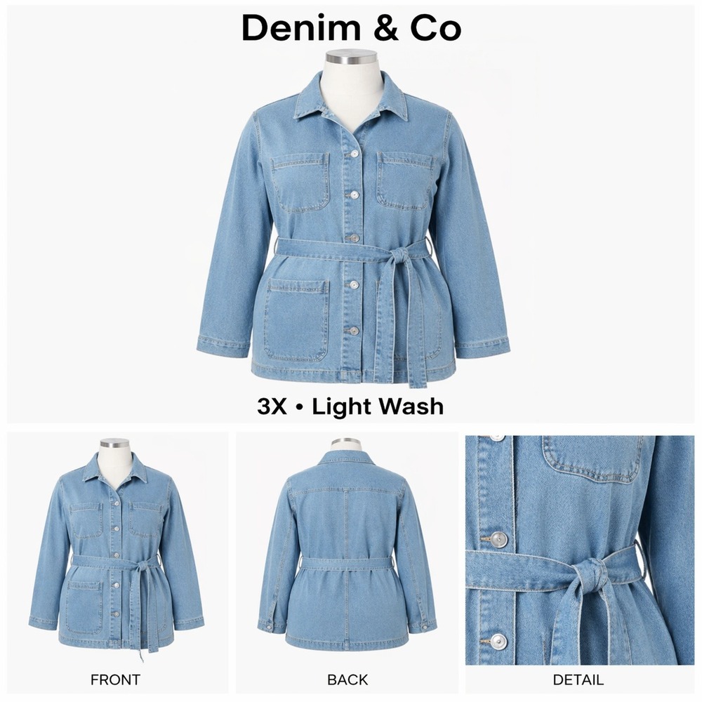 Denim & Co Womens 3X Easy Stretch Denim Chore Coat‎ Jacket Light Wash Belted NWT